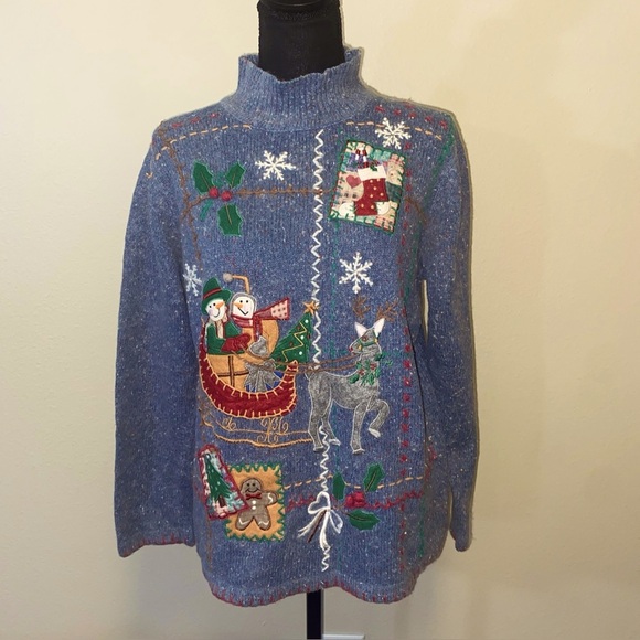 Victoria Jones Sleigh Riding Snowman Christmas Sweater Size Large Ugly Vintage - Picture 1 of 9